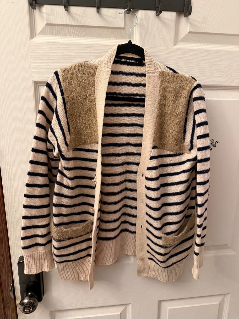 Striped Cream & Navy Utility Cardigan with Tan Accents - Women